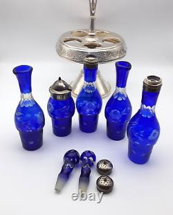 Meriden Silver Plate Cobalt Blue Glass Condiment Cruet Lazy Susan Set 16 Vtg