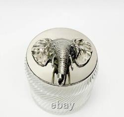Mid Century Silver Plate and Glass Covered Jar Figural Elephant Head Lid
