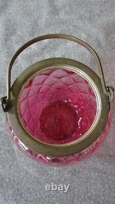New England Glass Cranberry Diamond Optic Pickle Castor/jam Jar Meriden Frame