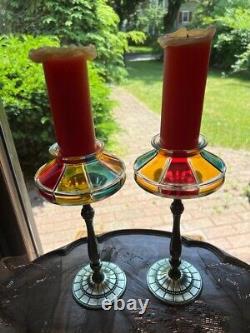 Pair of Rare Art Deco Colorful Glass Candlesticks Holder Stem Tall Silver Plate