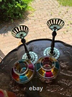 Pair of Rare Art Deco Colorful Glass Candlesticks Holder Stem Tall Silver Plate