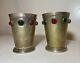 Pair of antique silverplate brass jeweled green red tumbler cups goblet glasses