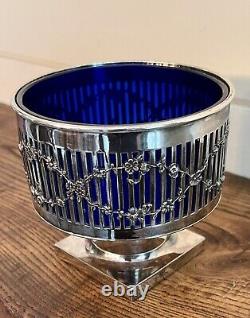 Pairpoint Victorian Footed Condiment Bowl with Cobalt Blue Glass Insert C. 1880