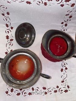 Pigeon Blood Red Satin Glass Pitcher Creamer Silver Plate Rim Set Of 2