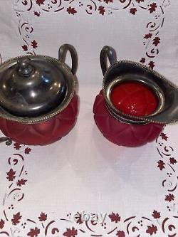 Pigeon Blood Red Satin Glass Pitcher Creamer Silver Plate Rim Set Of 2