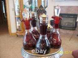 R. Strickland Silver Plate & Ruby Glass Antique Bohemian Ruby Etched Cruet Set