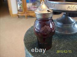 R. Strickland Silver Plate & Ruby Glass Antique Bohemian Ruby Etched Cruet Set