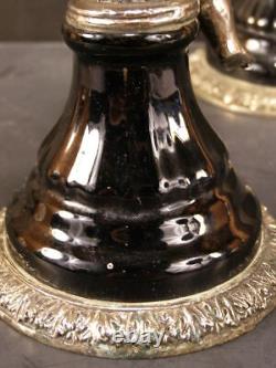 RARE Pr Black Amethyst Glass Silver Cherub Candle Stick Holder Gothic Candelabra
