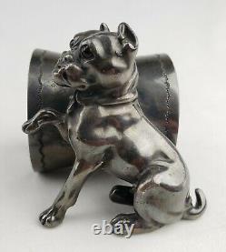 Rare Antique c1880 Derby Silver Co Figural Dog Napkin Ring Glass Eyes 382 Pug