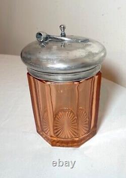 Rare antique silver-plate pink glass tobacco jar humidor holder box pipe on lid