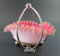 SWEETMEAT Dish Antique HEART shape PINK Art Glass AMBER trim EPNS Frame