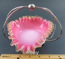 SWEETMEAT Dish Antique HEART shape PINK Art Glass AMBER trim EPNS Frame