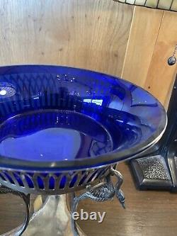 Silver Plate and Cobalt Blue Glass Edwardian Centerpiece Bowl on Swan Stand