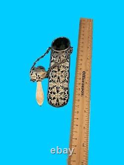 Silverplate Chatelaine Eye Glasses Case with Pierced Engraved Flowers (#J1312)