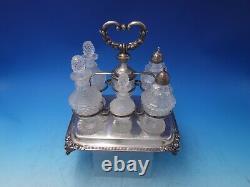 Silverplate Cruet Set 7 Piece with Footed Caddy and 6 Glass Bottles (#6489)