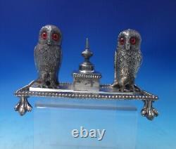 Silverplate Double Inkwell with Owls Glass Eyes 6 1/4 x 4 3/4 c. 1910 (#5749)
