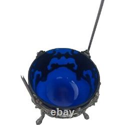 Silverplated Candy Bonbon Dish Cobalt Glass Liner North Wind Face Antique