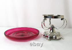 Striking Art Nouveau Silver Plated Centerpiece Bowl With Cranberry Glass Insert
