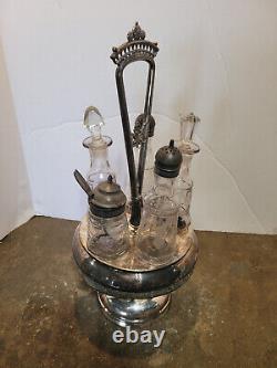 Victorian Etch Glass Bottle Silver Castor Condiment Cruet Set