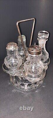 Victorian Glass Crystal Cruet Set Sterling Silver 5pcs Glass Bottles Carousel