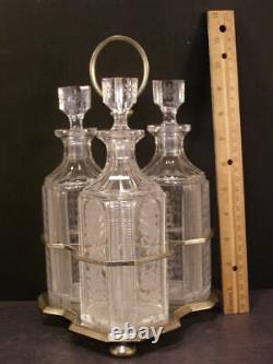 Victorian Silver Cut Glass 3 Bottle Liquor Decanter Holder Tantalus Triple Stand