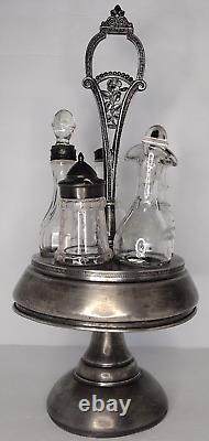 Victorian Wilcox 5 PC Silverplate Cruet Set 1865 Hand Etch Crystal Glass Antique