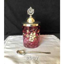 Victorian thumbprint/coin dot cranberry glass pickle jar silverplate lid &spoon