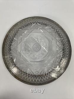 Vintage Antique Cut Glass 9 Serving Plate With Sterling Silver Rim