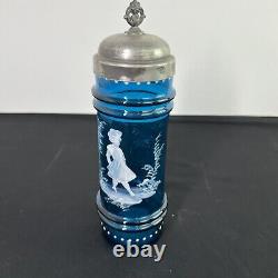 Vintage Blue Glass Pickle Jar Hand Painted Silver Plate LID