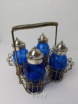 Vintage Cobalt Blue Etched Glass 4 Bottle Castor Cruet Silverplate Condiment Set
