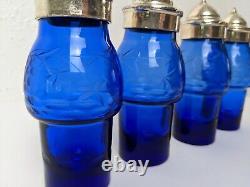 Vintage Cobalt Blue Etched Glass 4 Bottle Castor Cruet Silverplate Condiment Set