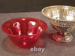Vintage ELLIS-BARKER Silver Cranberry Glass Sugar Basket Bowl Candy Bride Fruit