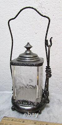 Vintage Forbes Silver co silver plates Pickle Caster, Square glass Jar, w fork