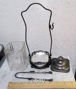 Vintage Forbes Silver co silver plates Pickle Caster, Square glass Jar, w fork