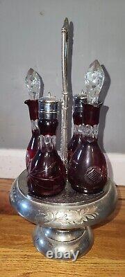Vintage Ruby Red Glass Castor Set and Sliver Plated Cruet Set