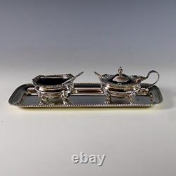 Vintage Silver Plate Cobalt Glass Salt & Pepper Cellar with Spoons and Underplate