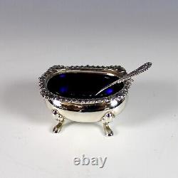 Vintage Silver Plate Cobalt Glass Salt & Pepper Cellar with Spoons and Underplate