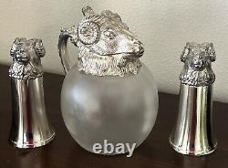 Vintage Silver Plate Rams Head Frosted Glass Pitcher & 2 Rams Stirrup Cups