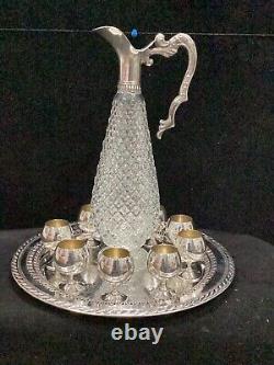 Vintage Silver Plated And Crystal Wine Pitcher With Tray And 8 Shot Glasses