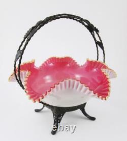 WILCOX Cased PINK Ruffled BOWL withAMBER Glass Rim Victorian BRIDEs BASKET