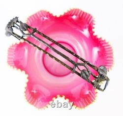 WILCOX Cased PINK Ruffled BOWL withAMBER Glass Rim Victorian BRIDEs BASKET